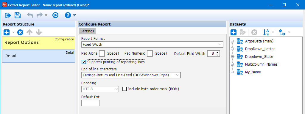 The Suppress printing of repeating lines box halfway down the Settings tab of the extract report editor for a fixed width extract report.